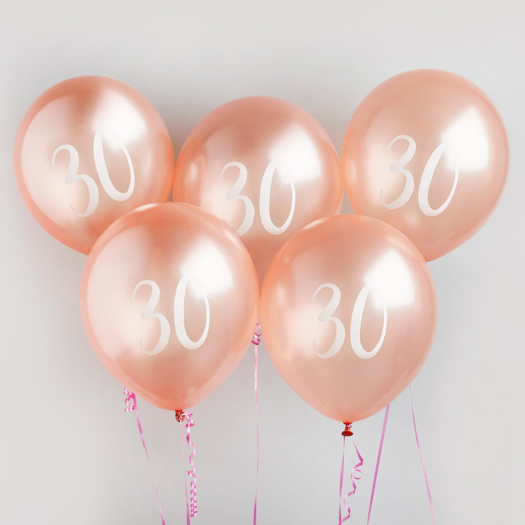 Rose Gold 30th Birthday Balloons - Happy Birthday 30 Balloons - Rose Gold & White Balloons - Party Decorations - Pack of 5