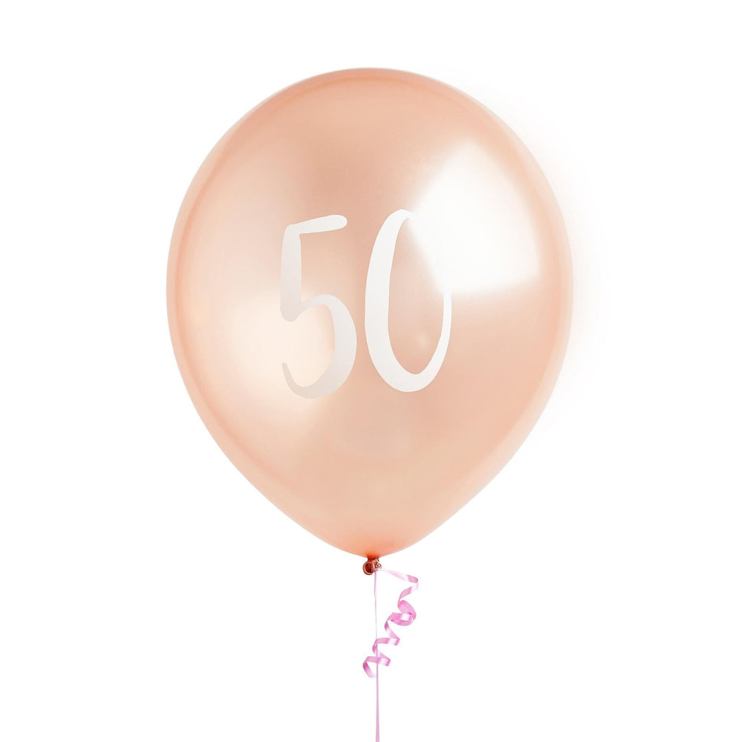 Rose Gold 50th Birthday Balloons - Happy Birthday 50 Balloons - Rose Gold & White Balloons - Party Decorations - Pack of 5