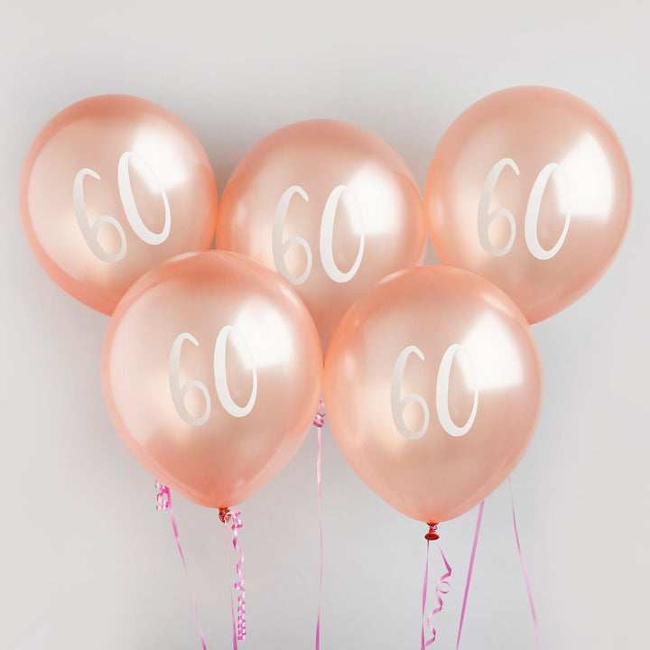 Rose Gold 60th Birthday Balloons - Happy Birthday 60 Balloons - Rose Gold & White Balloons - Party Decorations - Pack of 5