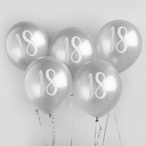 Silver 18th Birthday Balloons - Happy Birthday 18 Balloons - Silver & White Balloons - Party Decorations - Pack of 5