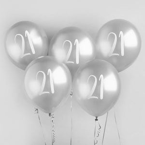 Silver 21st Birthday Balloons - Happy Birthday 21 Balloons - Silver & White Balloons - Party Decorations - Pack of 5