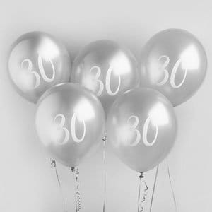 Silver 30th Birthday Balloons - Happy Birthday 30 Balloons - Silver & White Balloons - Party Decorations - Pack of 5