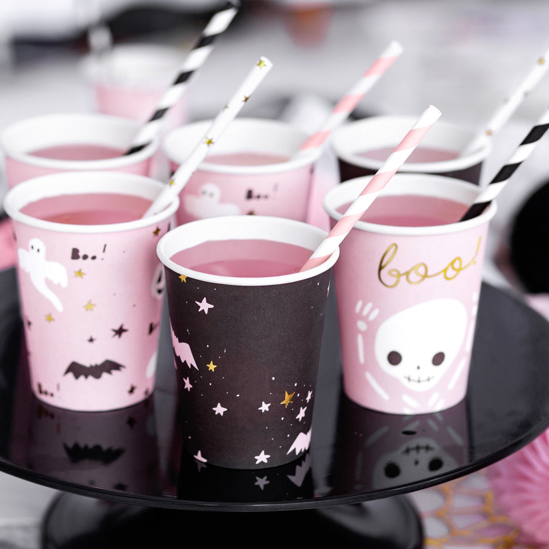 Halloween Paper Cups - Halloween Bat, Pumpkin & Skeleton Cups - Pink and Black Paper Cups - Kids Halloween Party Decorations - Pack Of 6