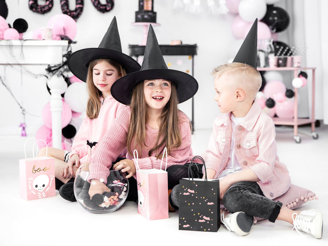 Halloween Party Bags - Pink Halloween Trick Or Treat Bags - Pink Bats - Boo Skeleton Paper Bags - Kids Halloween Bags - Pack of 6