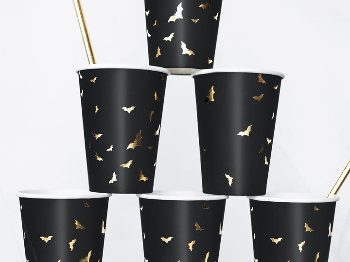 Halloween Paper Cups - Halloween Black & Gold Bat Cups - Halloween Party Decorations - Pack Of 6