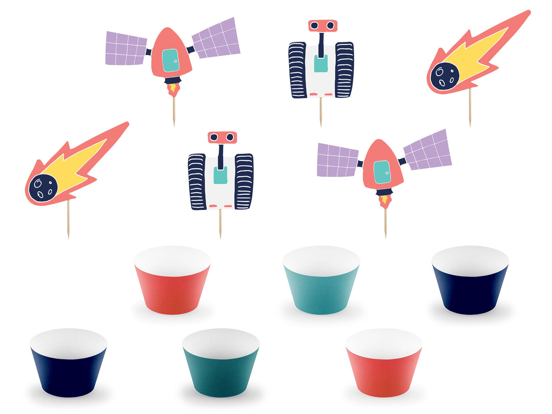 Space Cupcake Kit - Space Cupcake Toppers - Space Cupcake Wrappers - Rocket - Space Party Cake Decorations - Birthday Party Decorations