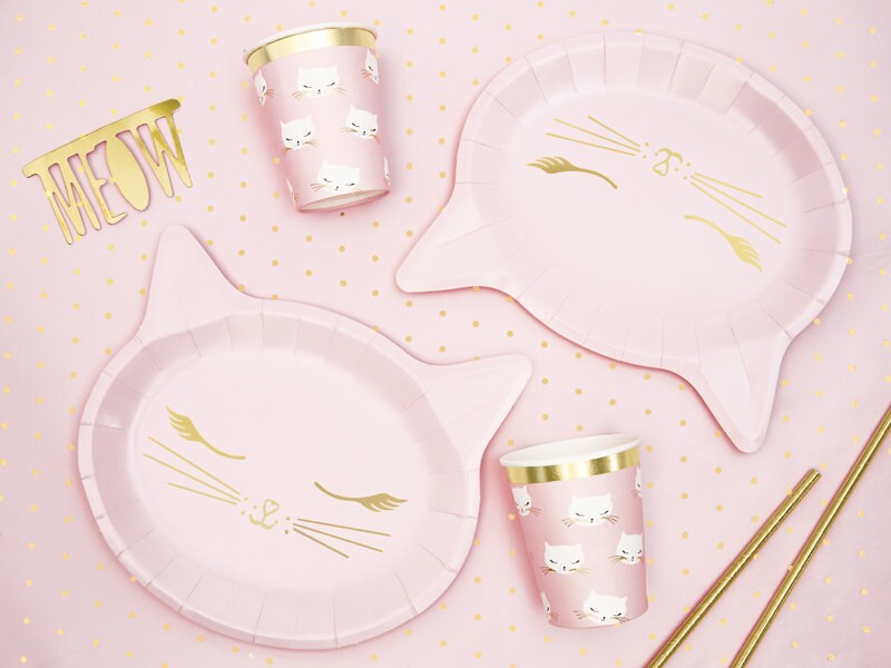Cat Paper Plates - Pink Kitten Birthday Party Plates - Kitten Party Plates - Meow Party - Kitty Cat Plates - Pink & Gold Plates - Pack of 6