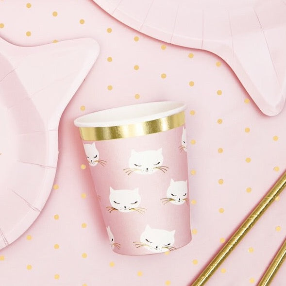 Cat Paper Cups - Pink Kitten Birthday Party Cups - Kitten Party Cup - Meow Party - Kitty Cat Cups - Pink & Gold Cups - Pack of 6