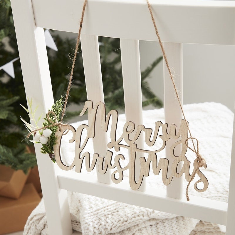 Wooden Merry Christmas Chair Decorations - Chair Signs With Foliage - Christmas Holiday Decor - Pack of 4
