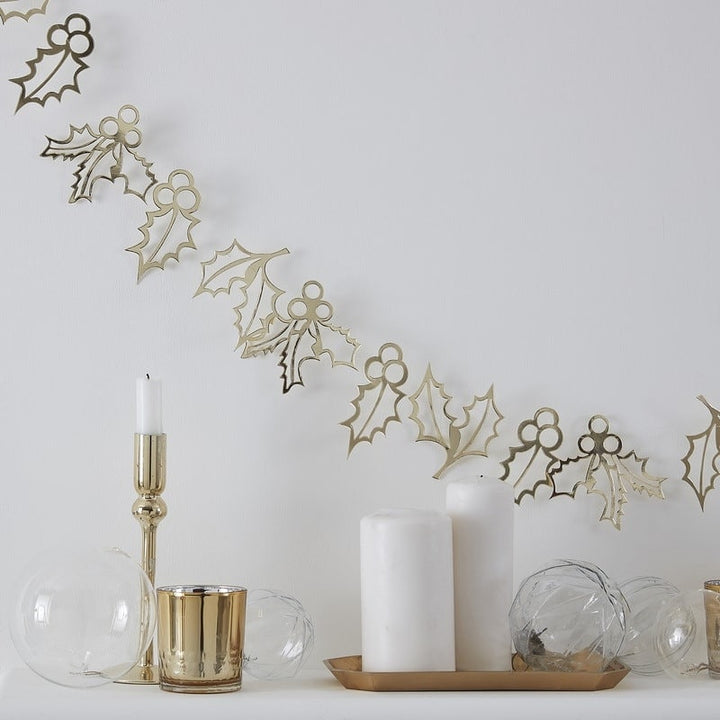 Gold Holly Christmas Bunting Decoration - Gold Christmas Garland - Christmas Party Decorations - Holiday Decor