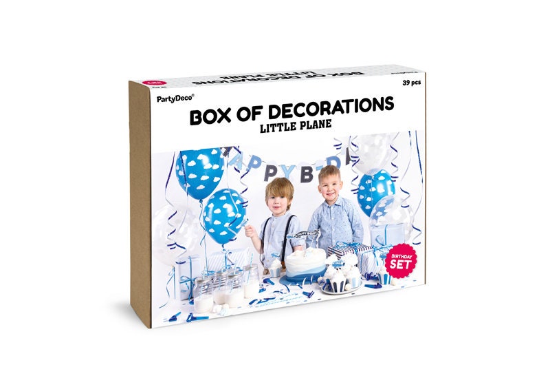 Boys Party Decoration Box - Plane Party Birthday Decorations Set - Blue & White Party Decor - 39 Pieces