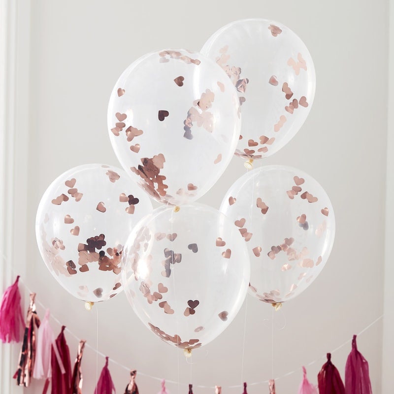 Rose Gold Heart Confetti Balloons - Valentine's Day Balloons - Valentines Party Decor - Engagement Party Balloons - Pack of 5