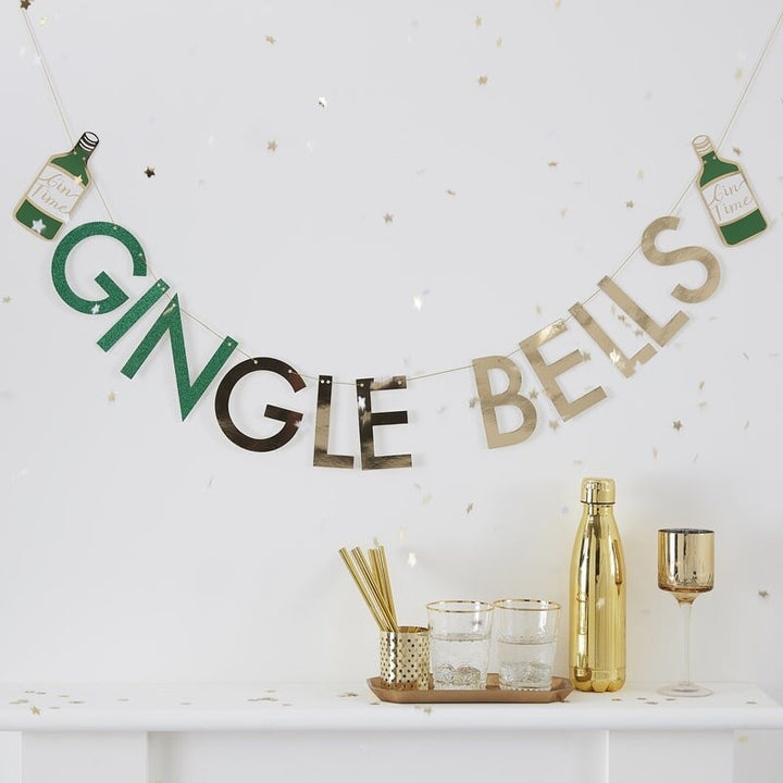 Gold Christmas Decoration - Gingle Bells Glitter Bunting - Gin Party Garland  - Christmas Party Decorations - Holiday Decor