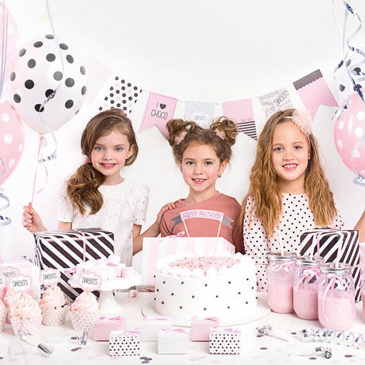 Girls Party Decoration Box - Sweets Party Birthday Decorations Set - Pink White & Black Party Decor - 47 Pieces