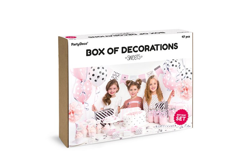 Girls Party Decoration Box - Sweets Party Birthday Decorations Set - Pink White & Black Party Decor - 47 Pieces