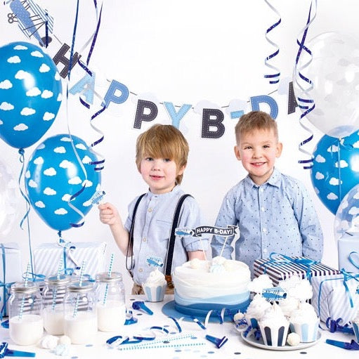 Boys Party Decoration Box - Plane Party Birthday Decorations Set - Blue & White Party Decor - 39 Pieces