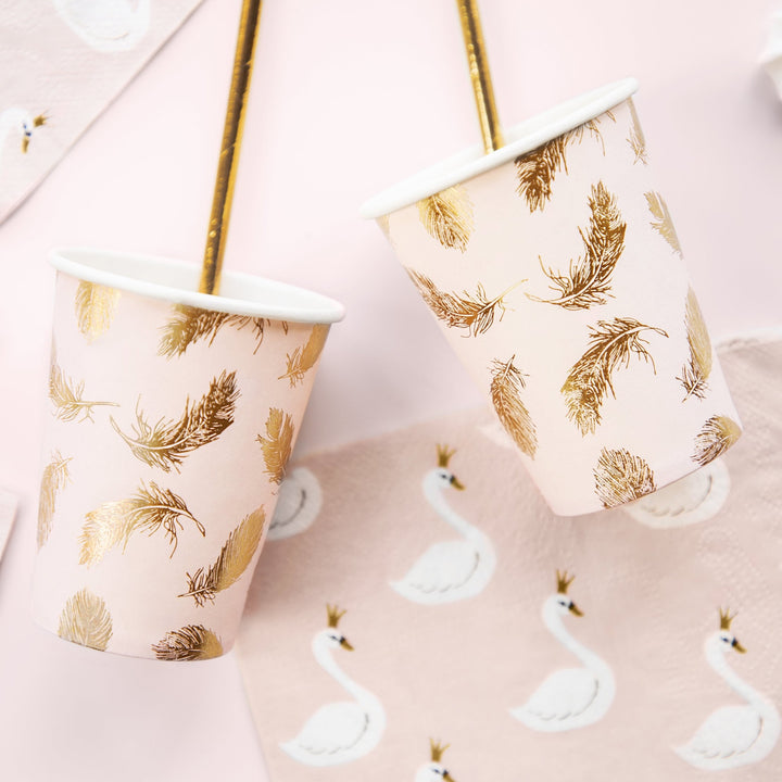 Swan Paper Cups - Gold Feather & Pink Paper Birthday Party Cups - Blush Pink Decor - Baby Shower decor - Birthday Decorations - Pack of 6