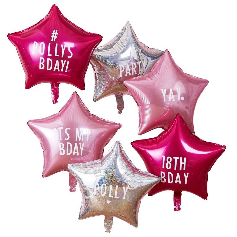 Personalised Pink & Silver Star Balloons-Customisable Birthday Party Balloons-Holographic Foil Balloons-Birthday Party Decorations-Pack of 6