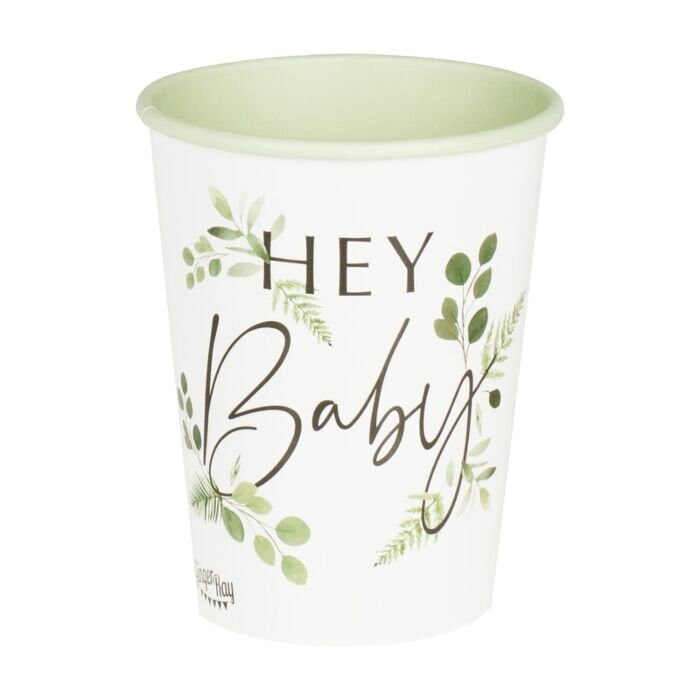 Baby Shower Paper Cups - Hey Baby White & Green Baby Shower - Eco Friendly Party Supplies - Botanical Baby Shower - Hey Baby - Pack of 8