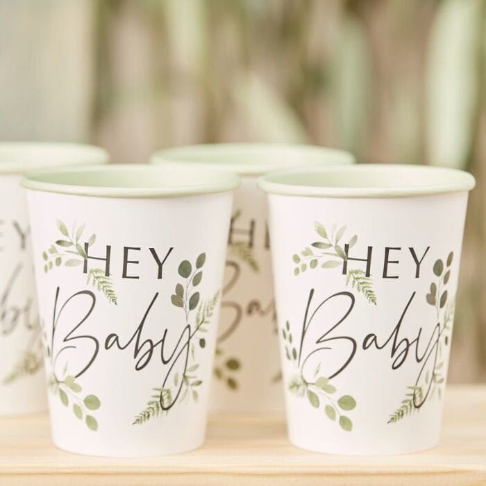 Baby Shower Paper Cups - Hey Baby White & Green Baby Shower - Eco Friendly Party Supplies - Botanical Baby Shower - Hey Baby - Pack of 8