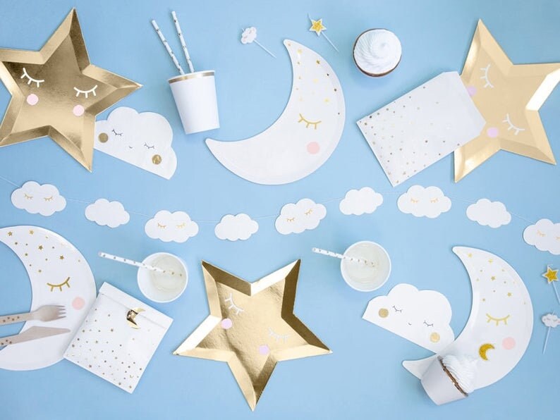 Cloud Garland - White Cloud Banner - Cloud Bunting - Baby Shower Decorations - Birthday Decor - Party Decorations - White & Gold