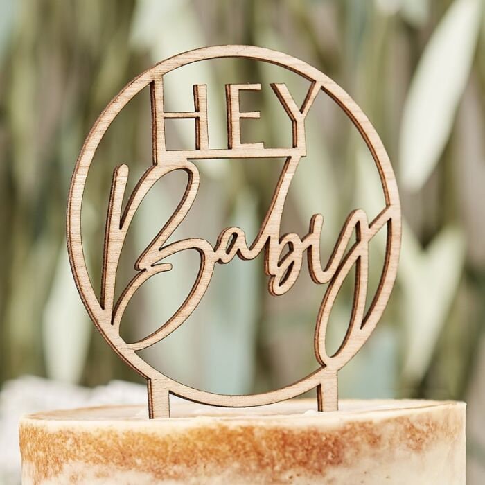 Baby Shower Cake Topper - Wooden Hey Baby Cake Topper - Botanical Baby Shower - Eco Friendly - Gender Neutral - Gender Reveal