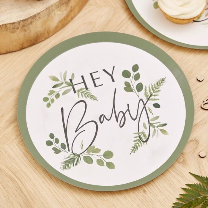 Hey Baby Baby Shower Plates - Botanical Baby Shower Paper Plates - Green & White Party Plates-Baby Shower Tableware-Gender Neutral-Pack of 8