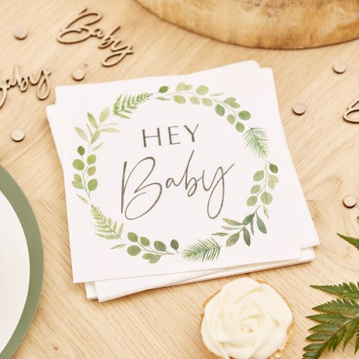 Baby Shower Napkins - Hey Baby Botanical Paper Napkins - Eco Friendly Baby Shower - Foliage Baby Shower - Botanical Baby Shower - Pack of 16