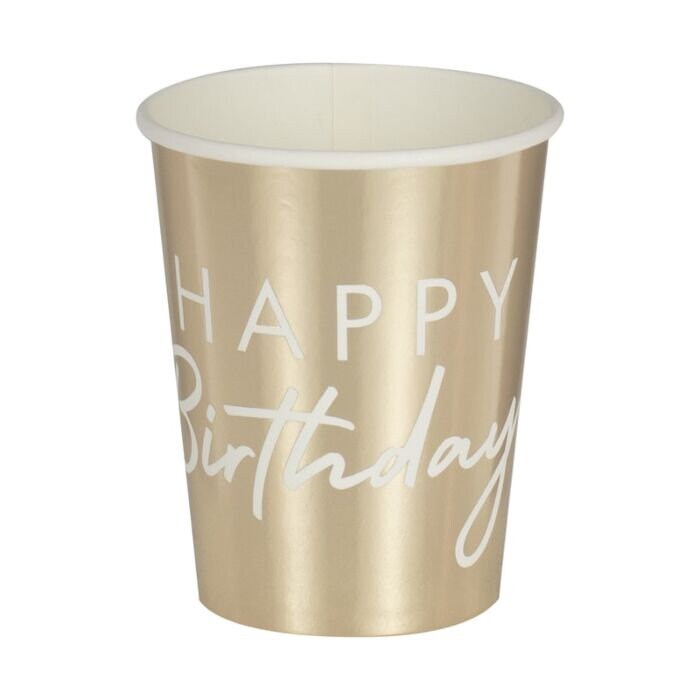 Gold Happy Birthday Party Cups - Gold Paper Cups - Birthday Paper Cups - Gold & White Party Decor - Birthday Party Ideas - Pack of 8