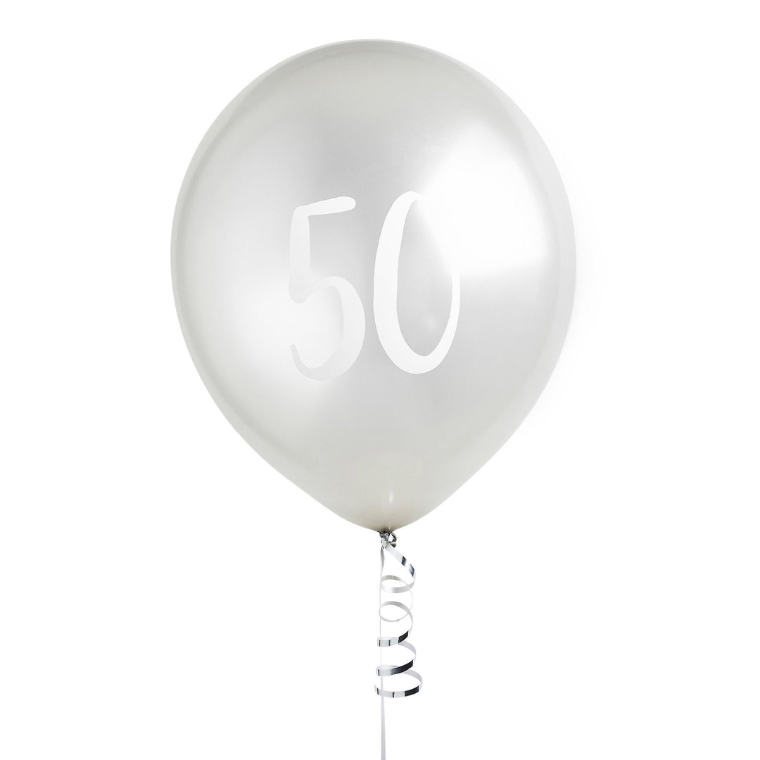 Silver 50th Birthday Balloons - Happy Birthday 50 Balloons - Silver & White Balloons - Party Decorations - Pack of 5