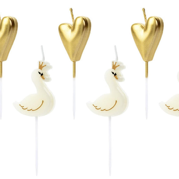 Swan Birthday Candles - White Swan & Gold Heart Birthday Cake Candles - Party Decorations - Children's Party - Baby Shower - Pack of 6