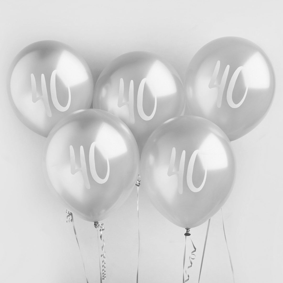 Silver 40th Birthday Balloons - Happy Birthday 40 Balloons - Silver & White Balloons - Party Decorations - Pack of 5