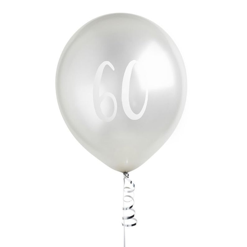 Silver 60th Birthday Balloons - Happy Birthday 60 Balloons - Silver & White Balloons - Party Decorations - Pack of 5