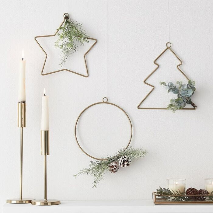 Gold Christmas Hanging Decorations - Gold Wire Star, Tree & Circle With Foliage - Christmas Party Backdrop - Holiday Decor Weaths- Pack of 3