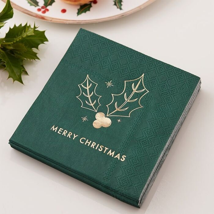 Gold Merry Christmas Napkins - Green & Gold Paper Napkins - Cocktail Napkins - Christmas Drinks Party Tableware-Traditional decor-Pack of 16