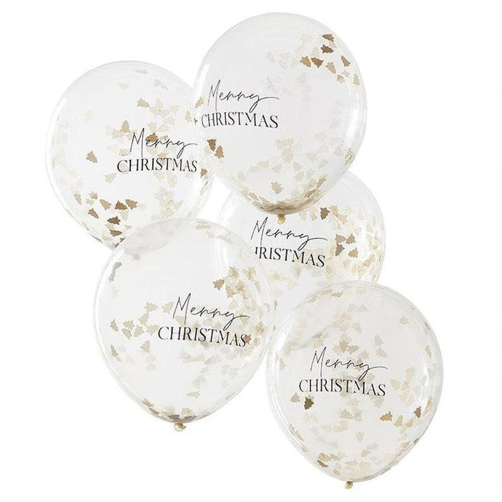 Gold Christmas Confetti Balloons - Merry Christmas Balloons - Christmas Party Decorations - Festive Balloons - Holiday Decor - Pack of 5