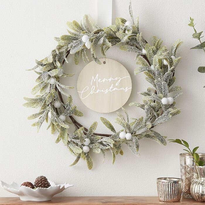 Mistletoe Merry Christmas Door Wreath With Foliage - Scandi Decorations - Wooden Christmas Decorations - Rustic Christmas - Holiday Decor