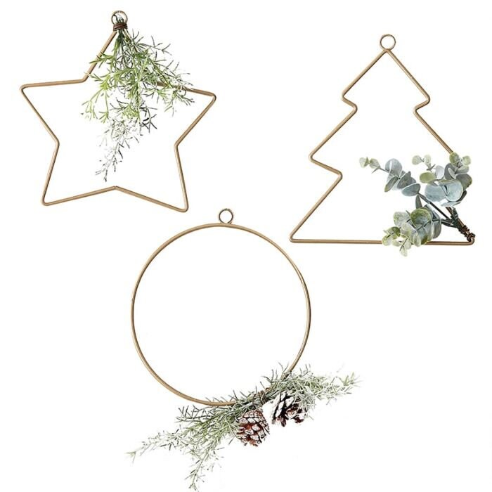 Gold Christmas Hanging Decorations - Gold Wire Star, Tree & Circle With Foliage - Christmas Party Backdrop - Holiday Decor Weaths- Pack of 3