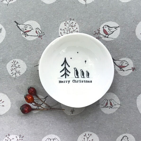 Porcelain Bowl - Tiny Merry Christmas Trinket Bowl - Christmas Decor - Small Christmas Gift - Christmas Tree - Penguins - Small item Storage