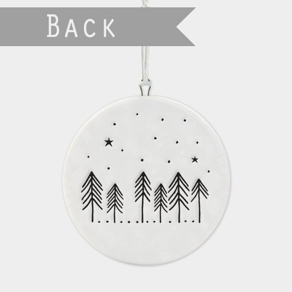 Porcelain Christmas Decoration - Small White Christmas Tree Decoration - Merry Christmas White Flat Bauble -Cabin In The Woods-Holiday Decor