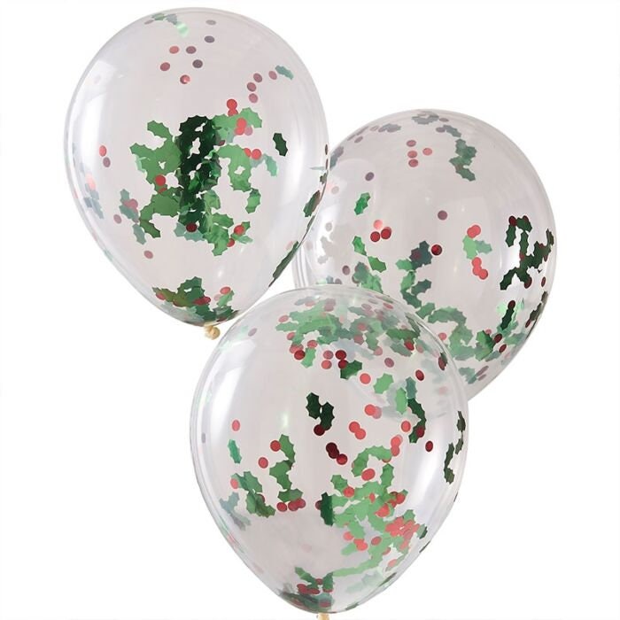 Christmas Holly Confetti Balloons - Xmas Party Decorations - Holly Berry Festive Balloons - Seasonal Holiday Decor - Pack of 5