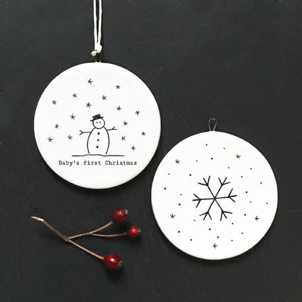 Porcelain Christmas Decoration - Baby's First Christmas - Small White Christmas Tree Decoration - White Flat Bauble-Snowflakes-Snowman