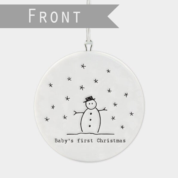 Porcelain Christmas Decoration - Baby's First Christmas - Small White Christmas Tree Decoration - White Flat Bauble-Snowflakes-Snowman