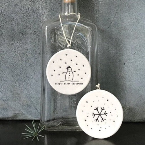 Porcelain Christmas Decoration - Baby's First Christmas - Small White Christmas Tree Decoration - White Flat Bauble-Snowflakes-Snowman