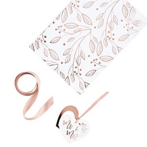Rose Gold Gift Wrapping Kit - Mr & Mrs Rose Gold And White Gift Wrap - Rose Gold Ribbon - Heart Tags - Wedding Present Wrapping Paper