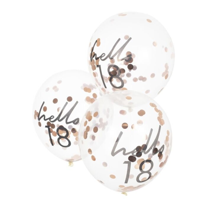 Hello 18 Rose Gold Confetti Balloons - 18th Birthday Balloons - Rose Gold 18th Birthday Decorations - Party Decorations - Pack of 5