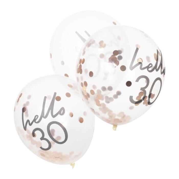 Hello 30 Rose Gold Confetti Balloons - 30th Birthday Balloons - Rose Gold 30th Birthday Decorations - Party Decorations - Pack of 5