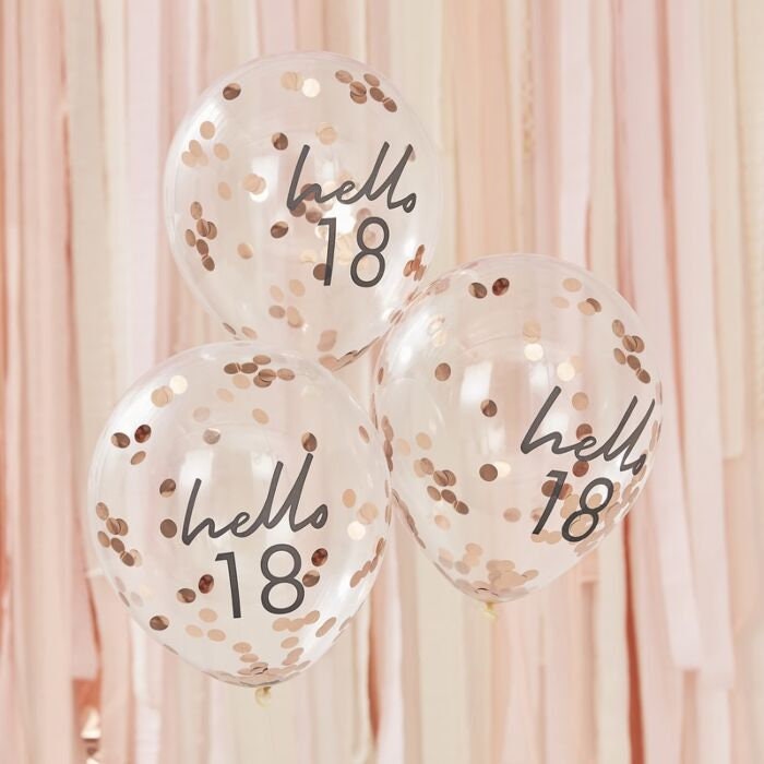 Hello 18 Rose Gold Confetti Balloons - 18th Birthday Balloons - Rose Gold 18th Birthday Decorations - Party Decorations - Pack of 5