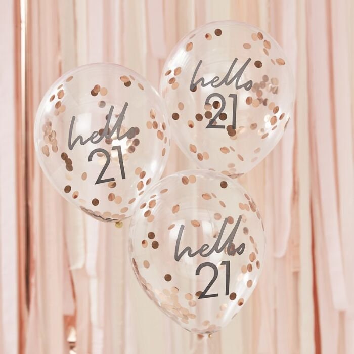 Hello 21 Rose Gold Confetti Balloons - 21st Birthday Balloons - Rose Gold 21st Birthday Decorations - Party Decorations - Pack of 5