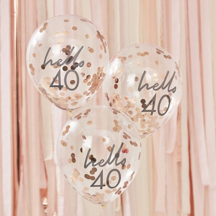 Hello 40 Rose Gold Confetti Balloons - 40th Birthday Balloons - Rose Gold 40th Birthday Decorations - Party Decorations - Pack of 5